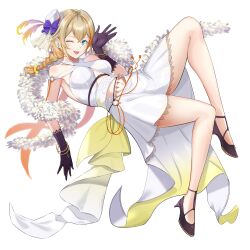 1girl :d absurdres armpits bangle bare_legs bare_shoulders belt blonde_hair blue_eyes blush bow bracelet braid breasts clothing_cutout collarbone commentary_request criss-cross_halter crossed_bangs dress earrings eyelashes full_body gloves halter_dress halterneck hand_up hat hat_bow hat_feather high_heels highres hiyoku_no_crosspiece jewelry knee_up leaning_back lips long_hair looking_at_viewer medium_breasts mini_hat mini_top_hat multicolored_hair nanashi_inc. navel navel_cutout one_eye_closed open_mouth orange_hair purple_bow purple_gloves purple_shoes sankyo_(821-scoville) shoes short_dress sidelocks simple_background single_braid sleeveless sleeveless_dress smile solo strappy_heels streaked_hair stud_earrings top_hat touri_sei transparent_background two-tone_hair underboob underbust variant_set virtual_youtuber waving white_belt white_dress white_hat