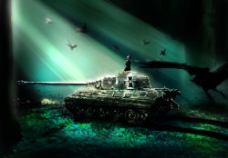 Rule 34 | 10s, 1girl, bad id, bad pixiv id, bird, biwaman, commentary, darkness, emblem, female focus, forest, from behind, girls und panzer, itsumi erika, kuromorimine (emblem), kuromorimine military uniform, military, military vehicle, motor vehicle, nature, shadow, solo, sunlight, tank, tiger ii