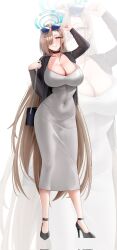 1girl adjusting_eyewear alternate_costume asuna_(blue_archive) bag black_bag black_choker black_shoes blue-tinted_eyewear blue_archive blue_eyes blue_halo blush breasts brown_hair choker cleavage collarbone commentary_request corrupted_twitter_file covered_navel dongtan_dress dress full_body grey_dress hair_over_one_eye halo hands_up hezzu_0 high_heels highres large_breasts long_hair looking_at_viewer meme_attire pencil_dress round_eyewear shoes shoulder_bag standing tinted_eyewear very_long_hair white_background zoom_layer