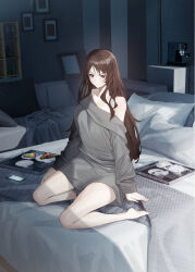Rule 34 | 1girl, arm support, bare legs, barefoot, bed, bedroom, blanket, bra strap, brown hair, brown wings, cellphone, closed mouth, coffee maker, collarbone, couch, croissant, cup, dress, film grain, food, fruit, full body, hair over shoulder, highres, indoors, long hair, long sleeves, looking at viewer, off-shoulder sweater, off shoulder, on bed, original, phone, picture frame, pillow, plate, raitho, shelf, short dress, sitting, smartphone, solo, spoon, sweater, sweater dress, teacup, translation request, v-shaped eyebrows, very long hair, wings, yokozuwari