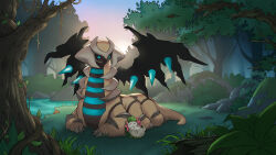 absurdres alternate_color backlighting black_wings creature dragon evening fog forest gen_4_pokemon giratina grass highres leaning legendary_pokemon looking_at_another lying mujiao mythical_pokemon nature nintendo no_humans on_grass pokemon pokemon_(creature) shaymin shiny_pokemon sky sleeping spiked_wings tree water wings