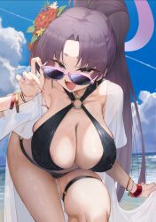 1girl beach bikini black_bikini blue_archive blue_sky blush bracelet breasts cleavage criss-cross_halter earrings eyeliner flower hair_flower hair_ornament halo halterneck high_ponytail highres jewelry large_breasts leaning_forward long_hair looking_at_viewer makeup o-ring open_mouth parted_bangs ponytail purple_eyes purple_hair satou_daiji see-through_clothes shirt shore short_sleeves sky smile solo sunglasses swimsuit thigh_strap thighs very_long_hair white_shirt yukari_(blue_archive) yukari_(swimsuit)_(blue_archive)