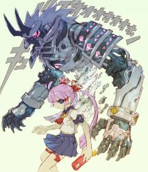 1girl armor blue_eyes blue_skirt cellphone character_name character_request copyright_request dress ghost glowing glowing_eyes holding holding_phone horns humanoid_robot long_hair mechabare nakayama_tooru phone pink_eyes pleated_dress purple_hair robot school_uniform shoulder_armor skirt smartphone thighhighs twintails white_hair white_thighhighs