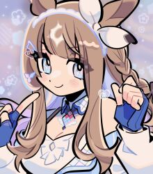 Rule 34 | + +, 1girl, almond eye (umamusume), animal ears, blue gloves, blurry, blurry background, blush, braid, brooch, brown hair, collar, colored inner hair, gloves, hair ornament, hair tie, hairband, hairclip, heart, heart brooch, horse ears, horse girl, jewelry, long hair, looking at viewer, multicolored hair, side braid, simple background, smile, solo, symbol-shaped pupils, too many hair ornaments, umamusume, white hairband, x-shaped pupils