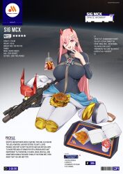 1girl assault_rifle barcode black_bodysuit bodysuit boosty_username breasts burger character_name chicken_nuggets commentary cup disposable_cup drinking_straw earrings english_commentary english_text fang fast_food food full_body girls&#039;_frontline gun hair_ornament hairpin heart heart_earrings helmet highres holding holding_cup horns ice_cream j_adsen jewelry large_breasts long_hair mixed-language_commentary mole mole_under_eye multiple_hairpins official_alternate_costume open_mouth paid_reward_available pink_hair red_eyes red_horns rifle russian_commentary russian_text sig_mcx sig_mcx_(girls&#039;_frontline) sig_mcx_(trans-dimensional_sentinel)_(girls&#039;_frontline) sig_sauer sitting smile solo space_helmet tray very_long_hair vkusno_i_tochka weapon weapon_name white_bodysuit