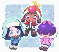 Rule 34 | 1boy, 2girls, :d, :o, beanie, black hair, blue jacket, blush, boots, border, brown footwear, chibi, coat, commentary request, crossed bangs, dot (pokemon), gloves, hair over eyes, hands in pockets, hat, highres, jacket, liko (pokemon), multiple girls, nintendo, open mouth, parted bangs, pink coat, pink hair, pokemon, pokemon (anime), pokemon horizons, purple hair, roy (pokemon), smile, teeth, upper teeth only, watermark, white border, wing (wing 0319)