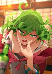 1girl breasts curly_hair floating green_eyes grey_hair hair_between_eyes japanese_clothes khyle. kimono one-punch_man small_breasts smile tatsumaki