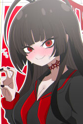 Rule 34 | 1girl, black hair, black nails, black serafuku, blood, blood halo, blue archive, blush, breasts, cleavage, closed mouth, halo, highres, large breasts, liquid halo, long hair, looking at viewer, neckerchief, red eyes, red neckerchief, school uniform, serafuku, shimotsukiya, solo, tsurugi (blue archive)