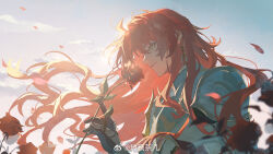 1boy absurdres argenti_(honkai:_star_rail) armor armored_gloves bolichar chinese_commentary closed_mouth cloud cloudy_sky commentary_request day earrings floating_hair flower green_eyes hair_between_eyes hand_up highres holding holding_flower honkai:_star_rail honkai_(series) jewelry knight long_hair looking_to_the_side male_focus outdoors petals pink_sky red_flower red_hair red_pupils red_rose rose shoulder_armor sky smile solo upper_body white_armor