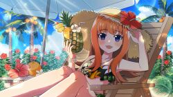 1girl :d beach beach_chair beach_umbrella bendy_straw bikini blue_eyes bush drinking_straw feet_out_of_frame flower flower_hat food frilled_bikini frills fruit game_cg hat hibiscus highres higurashi_no_naku_koro_ni higurashi_no_naku_koro_ni_mei holding holding_food holding_fruit houtani_nao lens_flare light_particles light_rays long_hair looking_at_viewer non-web_source official_art open_mouth orange_hair outdoors palm_tree pineapple red_flower sitting smile solo sparkle straw_hat summer sun_hat sunbeam sunlight swimsuit tree umbrella wooden_chair