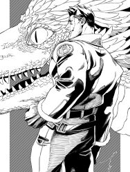 Rule 34 | 1boy, alternate costume, boku no hero academia, chinese zodiac, clenched hand, cowboy shot, dragon, eastern dragon, endeavor (boku no hero academia), facial hair, greyscale, grin, highres, jacket, male focus, mature male, monochrome, muscular, muscular male, pants, profile, sanpaku, sashimi oran, scar, scar across eye, scar on face, short hair, sideburns, sideburns stubble, smile, solo, spiked hair, stubble, tsurime, year of the dragon