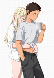 1boy 1girl black_pants blonde_hair closed_eyes closed_mouth clothes_lift coffee_mug collared_shirt couple cowboy_shot cup drawstring enelous gigi_andalusia grey_background grid_background gundam gundam_hathaway&#039;s_flash hathaway_noa head_on_another&#039;s_shoulder hetero highres holding holding_cup lifting_another&#039;s_clothes long_hair long_sleeves midriff_peek mug no_pants pants shirt shirt_lift short_hair sleepy sleeves_rolled_up squeans standing sweatpants t-shirt very_short_hair white_shirt
