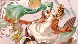 1girl apron boots bread brown_boots curry english_text food green_hair hatsune_miku highres lace-up_boots rumoon soup spoon vocaloid