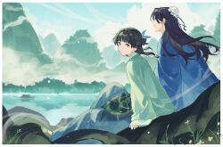 1boy 1girl absurdres black_hair blue_jacket blue_sky blunt_bangs border bun_cover closed_mouth facing_away green_jacket hair_ribbon highres jacket jinshi_(kusuriya_no_hitorigoto) kusuriya_no_hitorigoto long_hair looking_at_viewer maomao_(kusuriya_no_hitorigoto) mountain mountainous_horizon ribbon sitting sky sleeves_past_wrists tsubsa_syaoin turning_around white_border wide_sleeves