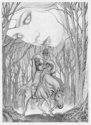 1boy 1girl aphrodite_(mythology) armor artist_name beard cape chainmail christian_sloan_hall facial_hair forest full_beard fur_cape giant giantess graphite_(medium) heinrich_von_ofterdingen_(tannhauser) highres holding holding_reins hood hood_up horseback_riding initial knight long_hair monochrome nature reins riding roman_numeral saddle short_hair tannhauser_(opera) traditional_media