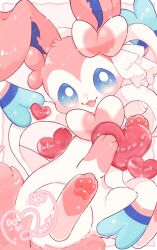 Rule 34 | blue eyes, blush, fang, gen 6 pokemon, happy, heart, highres, looking at viewer, maaari pkmn, nintendo, no humans, open mouth, pokemon, pokemon (creature), pokemon focus, signature, skin fang, smile, solo, sylveon