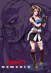 Rule 34 | 1boy, 1girl, bandaged arm, bandaged leg, bandages, black skirt, blood, blue tube top, boots, breasts, brown boots, brown hair, cleavage, clothes around waist, commentary, copyright name, delux drawings, english commentary, gun, holding, holding gun, holding weapon, jill valentine, nemesis (resident evil), resident evil, resident evil 3: nemesis, short hair, signature, skirt, strapless, sweater, sweater around waist, tube top, weapon