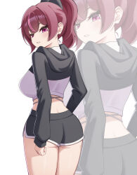 1girl ass black_hoodie black_shorts breasts commentary cowboy_shot crop_top cropped_hoodie dolphin_shorts from_behind highres hood hood_down hoodie jururu korean_commentary large_breasts long_hair long_sleeves looking_at_viewer looking_back midriff multicolored_hair parted_lips ponytail puleudingding purple_eyes purple_hair shirt short_shorts shorts simple_background solo standing streaked_hair thighs virtual_youtuber waktaverse white_background white_shirt zoom_layer