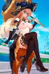 1girl absurdres bare_shoulders bird black-framed_eyewear black_hat black_sleeves blonde_hair blue_eyes boots breasts cloud crossed_legs dress drill_hair drill_sidelocks flower from_below genshin_impact glasses gloves hat hat_flower highres holding holding_umbrella jewelry knee_boots large_breasts long_hair looking_at_viewer navia_(genshin_impact) nipples nude on_railing pinky_out pruzinix railing river shade sidelocks sitting smile smirk solo spread_fingers tree umbrella very_long_hair