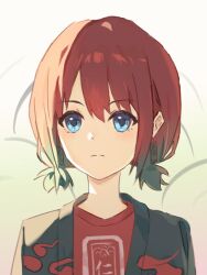 1girl black_haori blue_eyes blue_hair commentary earrings girls_band_cry gradient_hair haori highres hu_pi_xuan_jiao iseri_nina jacket japanese_clothes jewelry kuuhaku_to_catharsis low_twintails multicolored_hair open_clothes open_jacket red_hair red_shirt shade shirt short_hair short_twintails solo twintails upper_body