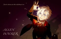 Rule 34 | 1boy, absurdres, allen walker, black background, black coat, brick floor, brown vest, coat, collared coat, collared shirt, d.gray-man, dark background, english text, facial mark, floating clothes, gloves, hair between eyes, highres, holding, holding star, holding suitcase, looking at object, looking up, male focus, messy hair, parted lips, purple background, purple eyes, red ribbon, ribbon, rocheng, scar, scar across eye, scar on face, shirt, short hair, sidelocks, solo, sparkle, star (sky), star (symbol), star facial mark, striped coat, suitcase, vertical-striped coat, vest, white gloves, white hair, white shirt