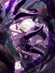1boy body_fur freelyvector from_above full_body furry furry_male goat_boy grin gun highres holding holding_gun holding_weapon horn_ornament horn_ring horns live_a_hero male_focus multiple_horns rifle sleeveless smile solo tombstone vlaham_(live_a_hero) weapon white_fur