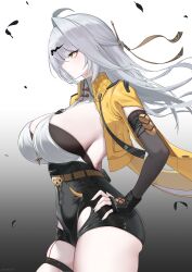 1girl absurdres ahoge black_feathers black_shorts breasts closed_mouth commentary cropped_jacket falling_feathers feathers fingerless_gloves floating_hair from_side gloves gradient_background grey_hair hair_ornament hair_stick hand_on_own_hip high-waist_shorts highres jacket large_breasts long_hair mintz912 open_clothes open_jacket shorts sideboob single_hair_intake skindentation solo thick_thighs thigh_strap thighs yellow_eyes yellow_jacket yi_xuan_(zenless_zone_zero) zenless_zone_zero