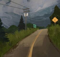 artist_name commentary grass grey_sky no_humans original outdoors power_lines rain road road_sign scenery sign signature sky street tree zandra