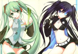 Rule 34 | 2000s (style), 2girls, belt, black hair, black rock shooter, black rock shooter (character), blue eyes, green hair, hatsune miku, highres, multiple girls, panties, rojikaloid, spring onion, twintails, underwear, vocaloid, zipper