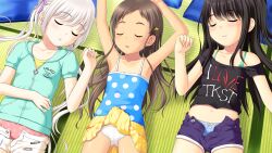 3girls adachi_tenka armpits arms_up black_hair black_shirt blue_camisole blue_panties bow bow_panties bra bra_strap breasts brown_hair camisole closed_eyes clothes_lift clothes_pull collarbone flat_chest game_cg green_bra green_jacket hair_ornament hair_ribbon hand_up highres indoors jacket komako_semenovich layered_skirt loli long_hair lying midriff multiple_girls navel non-web_source nonohara_miki off-shoulder_shirt off_shoulder on_back one_side_up open_fly open_mouth panties parted_lips pink_panties pleated_skirt polka_dot polka_dot_camisole polka_dot_panties polka_dot_skirt puffy_short_sleeves puffy_sleeves purple_ribbon purple_shorts ribbon sayama_chie shirt short_shorts short_sleeves shorts shorts_pull shoujo_ramune single_bare_shoulder skirt skirt_lift sleeping small_breasts spaghetti_strap tatami twintails underwear white_hair white_panties white_shorts x_hair_ornament yellow_shirt yellow_skirt