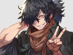 1boy arm_behind_head black_hair fate/grand_order fate_(series) grin hair_over_one_eye lack male_focus okada_izou_(fate) orange_eyes ponytail scarf smile solo v