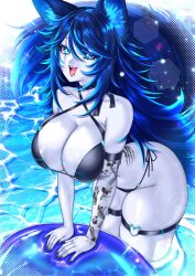 Rule 34 | animal ears, arm tattoo, bikini, black bikini, black nails, blue eyes, blue hair, blue skin, breasts, choker, colored skin, dog ears, dog girl, dog tail, face piercing, floatie, huge breasts, indie virtual youtuber, lip piercing, long hair, maiulive, nail polish, piercing, pool, scar, scar across eye, scar on face, skimpy clothing, spite (vtuber), summer, swimsuit, tail, tattoo, thick thighs, thigh strap, thighs, virtual youtuber, water, wolf ears, wolf girl, wolf tail