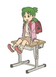 1girl backpack bag child coat colored_sclera desk green_eyes green_hair green_sclera kasuga_(kasuga39) koiwai_yotsuba on_desk open_mouth randoseru shirt shoes sitting skirt sneakers socks solo twintails yotsubato!