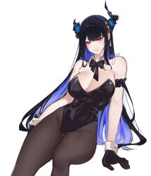 black_bow black_bowtie black_gloves black_hair blue_hair bow bowtie demon_horns fishnets gloves hair_ornament hairclip highres hololive hololive_english horns hyuu_(lblank27) leotard naughty_face nerissa_ravencroft non-web_source playboy_bunny red_eyes virtual_youtuber