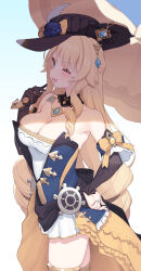 1girl ;d absurdres bare_shoulders black_choker black_gloves blonde_hair blue_background blue_eyes breasts choker cleavage cloba commentary cowboy_shot detached_sleeves dress genshin_impact gloves gradient_background hat_feather highres holding holding_umbrella large_breasts long_hair looking_at_viewer navia_(genshin_impact) one_eye_closed open_mouth single_glove smile solo standing strapless strapless_dress thighs umbrella very_long_hair white_background