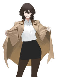 1girl absurdres beyblade beyblade_(object) beyblade_x black_hair black_skirt coat coat_stash commentary_request downer_onee-san_(downer_onee-san_wa_asobitai) downer_onee-san_wa_asobitai highres looking_at_viewer open_clothes open_coat pantyhose red_eyes shirt simple_background skirt smile solo ushiwaka white_shirt