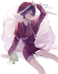 Rule 34 | 1boy, absurdres, alternate costume, arm at side, arm support, arm up, belt, belt buckle, black belt, blunt ends, box, buckle, capelet, character name, christmas, christmas tree, closed mouth, collared capelet, eyeliner, eyeshadow, fingernails, genshin impact, gift, gift box, hat, headwear lift, highres, light blush, long sleeves, looking at viewer, makeup, male focus, merry christmas, nero hanken, pom pom (clothes), purple eyes, purple hair, red capelet, red eyeliner, red eyeshadow, red hat, red shirt, red shorts, red sleeves, sack, santa costume, santa hat, scaramouche (genshin impact), shirt, shorts, sitting, solo, white trim, wispy bangs
