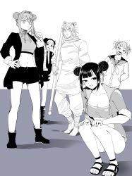 5girls :d arms_behind_back black_footwear black_shorts boku_no_hero_academia breasts cleavage double_bun greyscale hair_bun hair_intakes hand_on_own_hip highres hinao_(kagurabachi) holding holding_weapon jacket jinzou_ningen_100 jujutsu_kaisen kagurabachi kashimo_hajime medemedenomi minmin_(fabricant_100) monochrome multicolored_hair multiple_girls navel nue_no_onmyouji open_mouth sandals school_uniform shorts small_breasts smile squatting toga_himiko trait_connection tsujita_(nue_no_onmyouji) two-tone_hair weapon