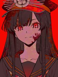 1girl absurdres alternate_costume black_hair blood fate/grand_order fate_(series) hat highres long_hair oda_nobunaga_(fate) red_background red_eyes school_uniform simple_background very_long_hair