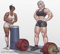 2girls abs absurdres barbell black_lips dark_skin exercising face_piercing green_eyes gym hand_on_own_hip highres m4rjinn multiple_girls muscular muscular_female nose_piercing nose_ring original piercing powder purple_eyes shoes short_hair sneakers white_hair