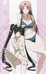 10s 2010 2girls black_hair blue_bra blue_panties bra breasts brown_eyes brown_hair calendar cleavage closed_eyes flat_chest height_difference hime_cut jpeg_artifacts july lingerie long_hair multiple_girls namaniku_atk navel nipples no_shoes ootori_hanae ootori_kanae ootori_kanae_(soukou_akki_muramasa) panties siblings sisters size_difference smile soukou_akki_muramasa thighhighs twintails underwear underwear_only very_long_hair