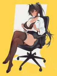 1girl bay_(nikke) black_bra black_hair black_hairband black_skirt black_thighhighs blush bra breasts chair cleavage crossed_legs feet glasses goddess_of_victory:_nikke grey_eyes hairband highres large_breasts looking_at_viewer multicolored_hair naughty_face office_chair on_chair open_clothes open_shirt opened_by_self ponytail shirt sitting skirt solo streaked_hair swivel_chair tan tanline thighhighs toes underwear white_shirt yayo_the_jowen