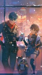 1boy 1girl absurdres asymmetrical_legwear bangboo_(zenless_zone_zero) belle_(zenless_zone_zero) black_gloves black_jacket blue_hair crossed_bangs cup disposable_coffee_cup disposable_cup drinking_straw eous_(zenless_zone_zero) gloves green_eyes green_hair hair_between_eyes hair_ornament highres jacket kneehighs lighter_(zenless_zone_zero) luochun_ring pants red_scarf scarf shirt short_hair single_kneehigh single_sock smile snow socks sunglasses zenless_zone_zero