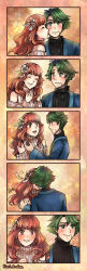 1boy 1girl 4koma 5koma absurdres after_kiss alm_(fire_emblem) alternate_costume blush celica_(fire_emblem) comic couple fire_emblem hand_on_another&#039;s_shoulder hetero highres kari_avalon kiss kissing_back kissing_cheek laughing nintendo silent_comic