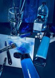 art_brush blue_theme bottle cup drinking_glass highres no_humans original paint paint_tube paintbrush paper still_life water yasuta_kaii32i