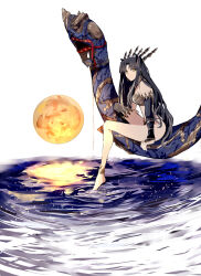 1girl bare_legs bare_shoulders barefoot black_hair black_ribbon earrings elbow_gloves fate/grand_order fate_(series) foot_dangle gloves gold_trim highres hoop_earrings ishtar_(fate) jewelry long_hair looking_at_viewer moon parted_bangs reflection ribbon single_elbow_glove single_thighhigh sitting soaking_feet sodamachi solo thighhighs tiara twitter_username two_side_up very_long_hair water waves white_background yellow_eyes