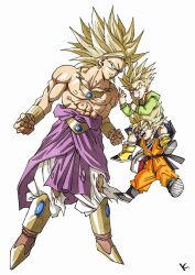 Rule 34 | 3boys, blonde hair, broly (dragon ball z), carrying, dougi, dragon ball, dragonball z, group picture, highres, hood, hooded jacket, jacket, kakeru (dbskakeru), long hair, male focus, medium hair, middle finger, multiple boys, muscular, muscular male, orange pants, orange shirt, pants, shirt, shoulder carry, simple background, son goten, spiked hair, super saiyan, super saiyan 1, topless male, torn clothes, torn pants, trunks (dragon ball), white background, white pants