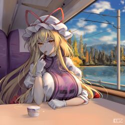 1girl absurdres blonde_hair blue_sky blush breast_rest breasts breasts_on_table cloud cup dress edz_drawz expressionless fence gloves hair_ribbon hat highres holding holding_spoon ice_cream_cup ice_cream_spoon lake large_breasts long_hair long_sleeves looking_at_viewer mob_cap pov_across_table purple_tabard ribbon sitting sky solo spoon tabard touhou train_interior tree utensil_in_mouth very_long_hair white_dress white_gloves window wooden_spoon yakumo_yukari yellow_eyes