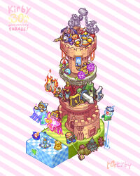 alternate_color anniversary artist_name blonde_hair bow bush character_name cheerleader closed_mouth coat copyright_name cross-eyed fire fish fishbowl flaming_sword flaming_weapon galaxia_(sword) gigant_edge goldfish gooey_(kirby) grass hair_bow hat heart highres holding holding_pom_poms holding_shield holding_sword holding_umbrella holding_weapon ignite_edge king_dedede kirby kirby_(series) kirby_fighters_2 magolor mask maxim_tomato meta_knight nintendo no_humans official_alternate_costume open_clothes open_coat plugg_(kirby) pom_pom_(cheerleading) pom_poms red_coat red_hat shield short_twintails staff_kirby statue striped_background sword tomato tongue_hold torkirby tower tree twintails two-tone_background umbrella water water_kirby weapon wings wrestler_kirby wrestling_mask yo-yo yo-yo_kirby