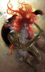 1girl absurdres blind bug butterfly curly_hair elden_ring highres insect long_hair malenia_blade_of_miquella red_hair ruanjia solo